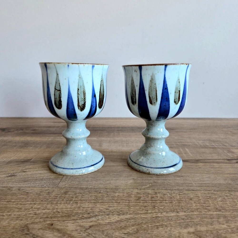Set of 2 vintage stoneware ceramic wine goblets footed glasses.